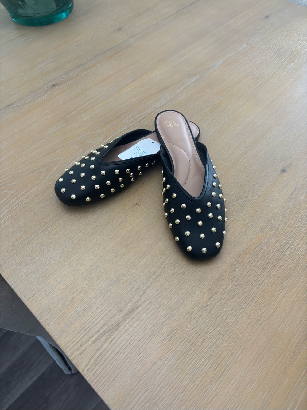 Time and Tru Black Slip-On Mules with Gold Studs